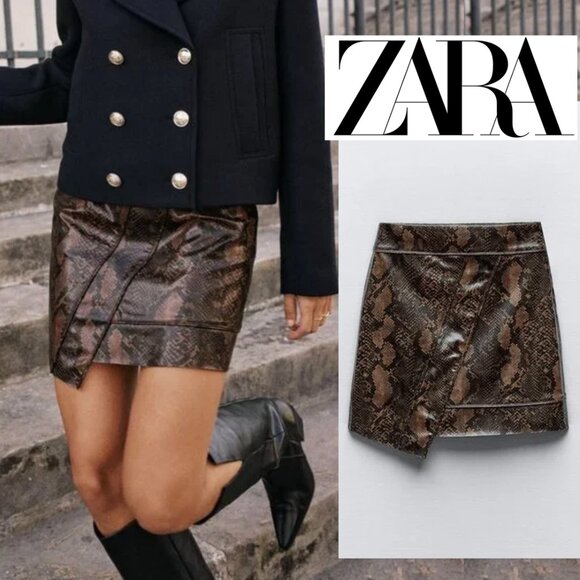 NWT ZARA FAUX LEATHER MINI SKIRT BROWN - Picture 1 of 6
